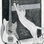 A cat stands on its hind legs and stretches with its front paws sticking into a large amp. Standing next to the amp and cat is a Japanese reissue of the Fender Mustang electric guitar. The image is in black and white.